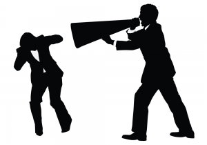 Silhouette of Man with Megaphone yelling at woman