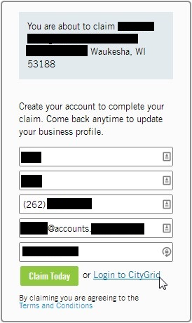 CityGrid Claim Today vs Login CitySearch Listing