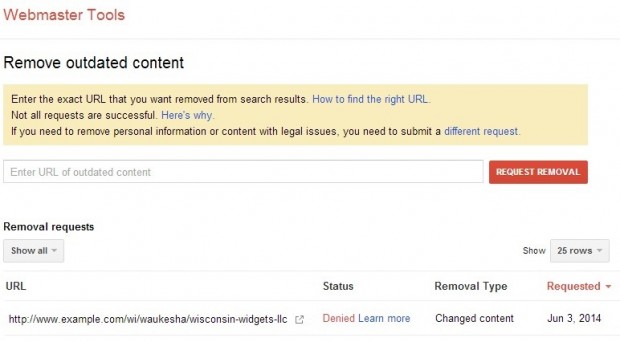 Google URL Removal - Request Denied NAP