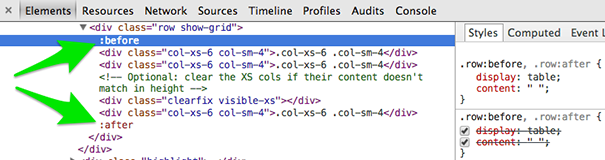 Screenshot of Google Chrome developer tools with the before and after psuedo elements.