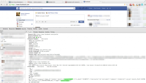 A screenshot of Facebook with the Chrome developer tools open. A network request is highlighted showing a self-censor event being sent with metadata to Facebook.